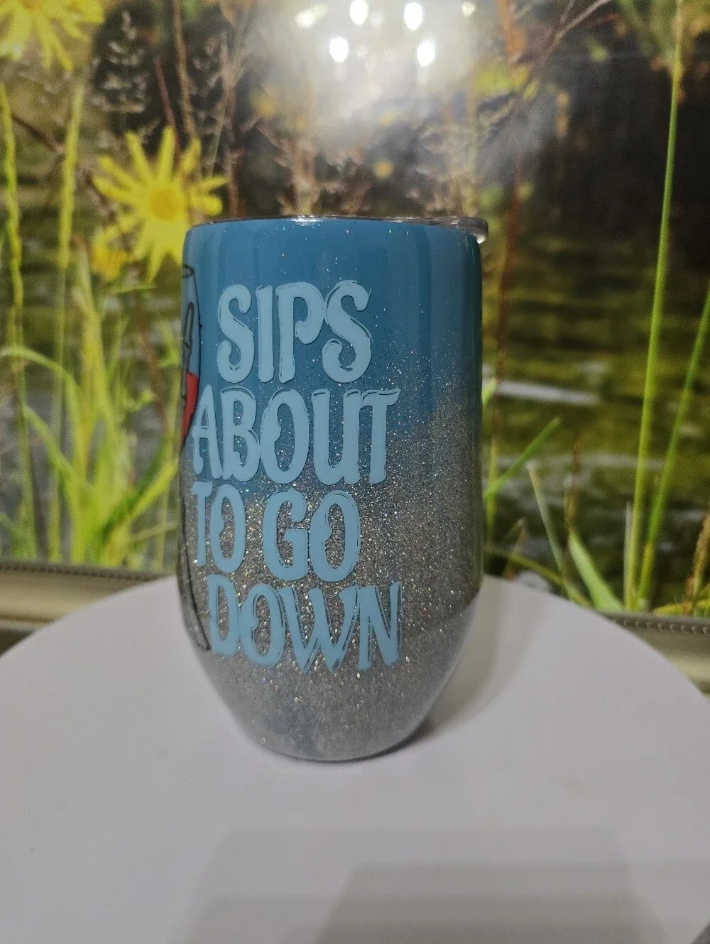 Handmade 16oz Wine Tumbler Blue Silver Glitter Skeleton Halloween Drinkware